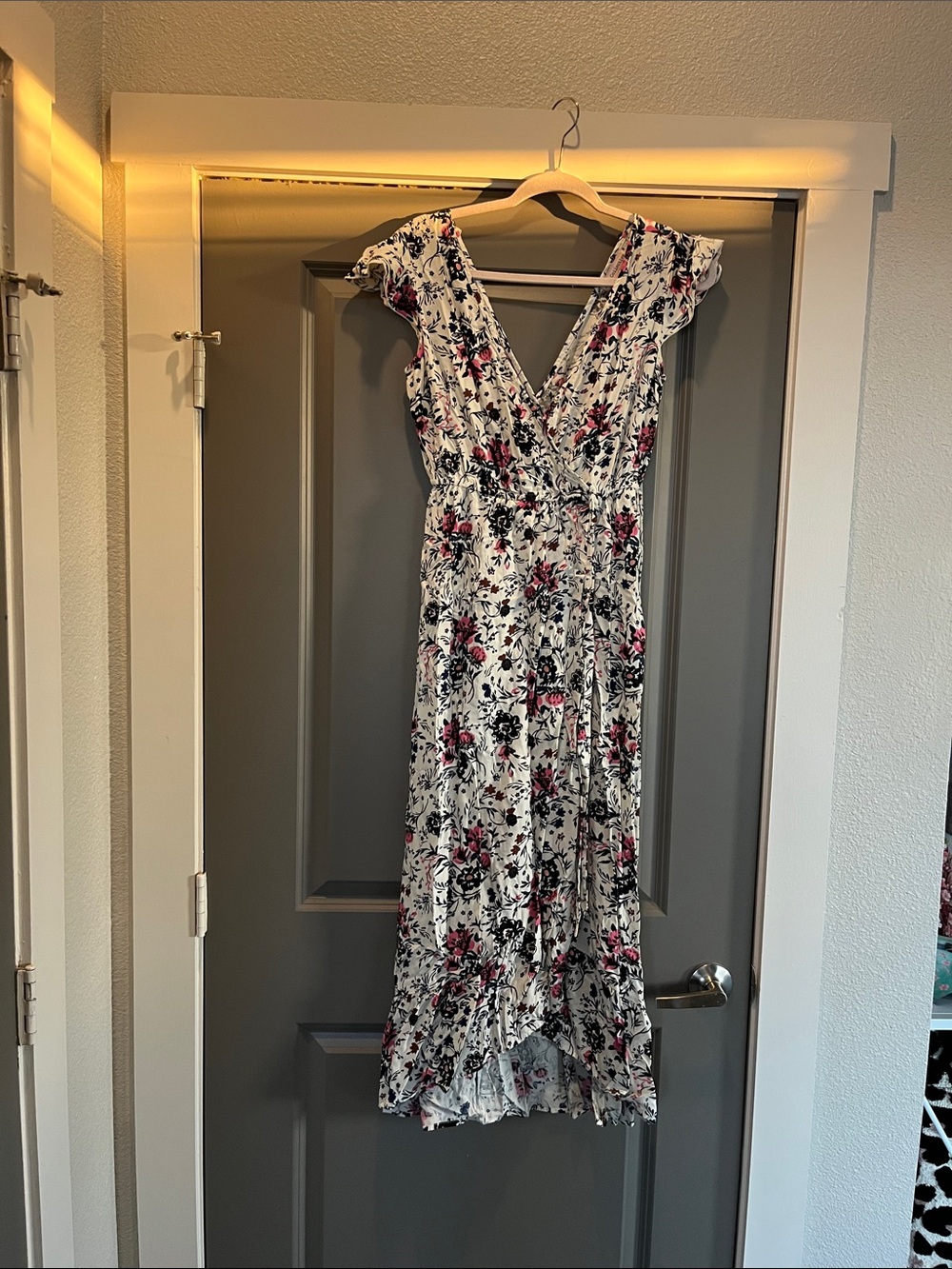 White Floral V-Neck Maxi Dress with Pink & Black Print